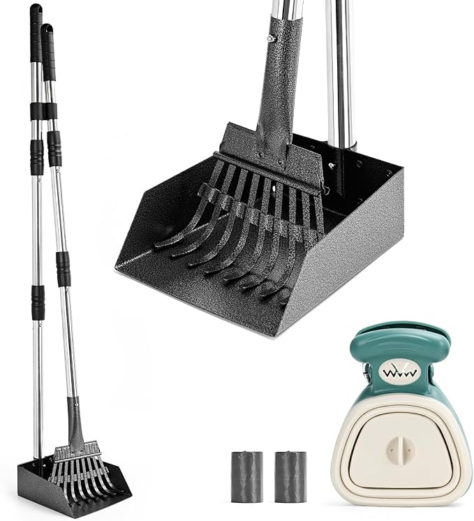 lychee Heavy Duty Stainless Metal Dog Pooper Scooper Tray and Rake Set for Yard- Portable Pooper Scooper for Small to Medium Dogs, Adjustable Long Handle,Rust-Proof, with Bag Attachment, Leash Clip
