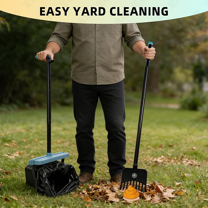 46" Pooper Scooper Swivel Bin & Rake for Large Small Dogs with Bag Attachment, Long Handle Poop Scooper with Lid for Yard (Blue)