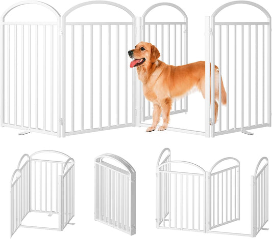 4 Panles Full Matel Freestanding Dog Gates with Door, 96"Extra Wide 32"Tall Free Standing Dog Pet Gate for Indoor & Outdoor. Foldable Pet Fences for Doorways, House, Stairs, Porch, Deck, Yard