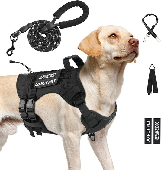 No Pull Tactical Dog Harness for Large Dogs, Service Dog Vest, L, Black | Tactical Dog Vest Harness and Leash Set, Adjustable Military Service Dog Harness with Handle for Medium Large Dogs