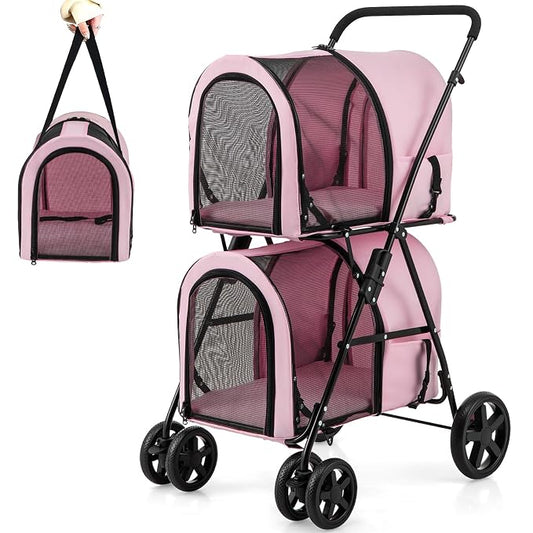 Giantex Double Pet Stroller with 2 Detachable Carrier Bags, Safety Belt, 4 Lockable Wheels, Folding Cat & Dog Stroller for Small Medium Pets, Cats Dogs Puppy Travel Strolling Cart (Pink)