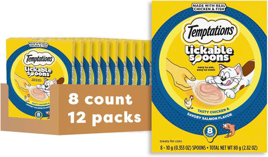 Temptations Lickable Spoons Adult Wet Cat Treat, Tasty Chicken and Savory Salmon Flavor, 8 Spoons, Pack of 12 (96 Total)