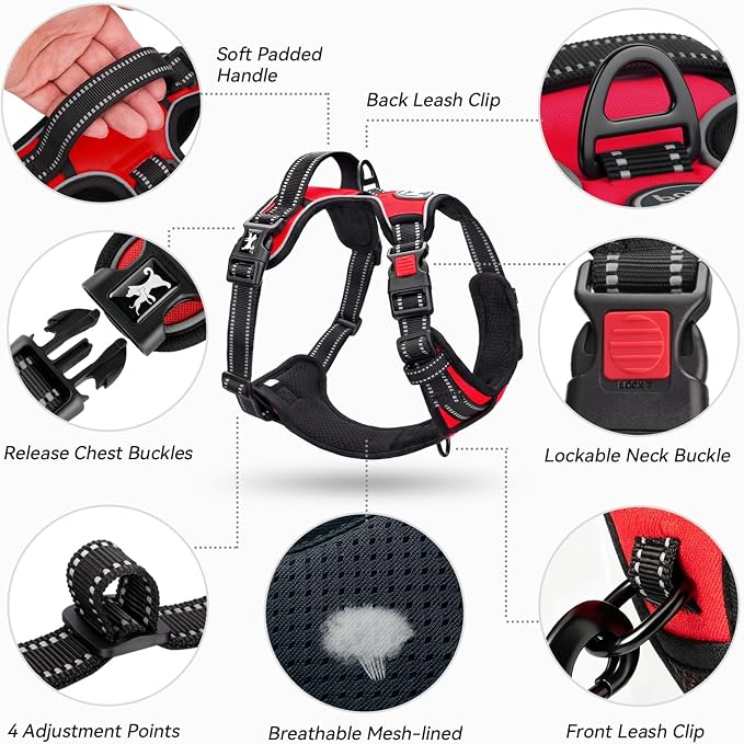 PoyPet No Pull Dog Harness Small with Front Clip & Neck Release Buckle | No Choke, Adjustable Vest, Reflective, Back Clip, Lockable, Soft Padded, Easy Control Handle for Walking Training, S, Red