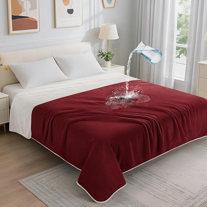 LOOBANI Waterproof Blanket for Queen Bed, Reversible Soft Flannel, 80"x90" | Waterproof Dog Blankets for Large Dogs, Spill-Proof Couch Cover for Family Movie Nights, Camping, Travel, Noise Free, Red
