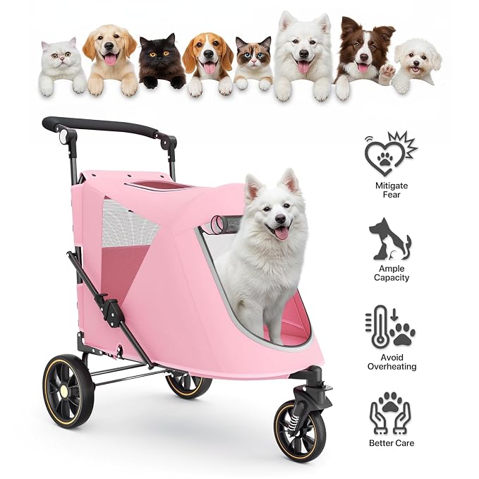 MoNiBloom Pet Stroller for Large Dogs or Dogs Cats up to 55 lbs, Pink | with Adjustable Handle, 3-Wheels Dual Entry Portable Dog Carting Easy Folding Pet Wagon Double Multiple Dog Stroller