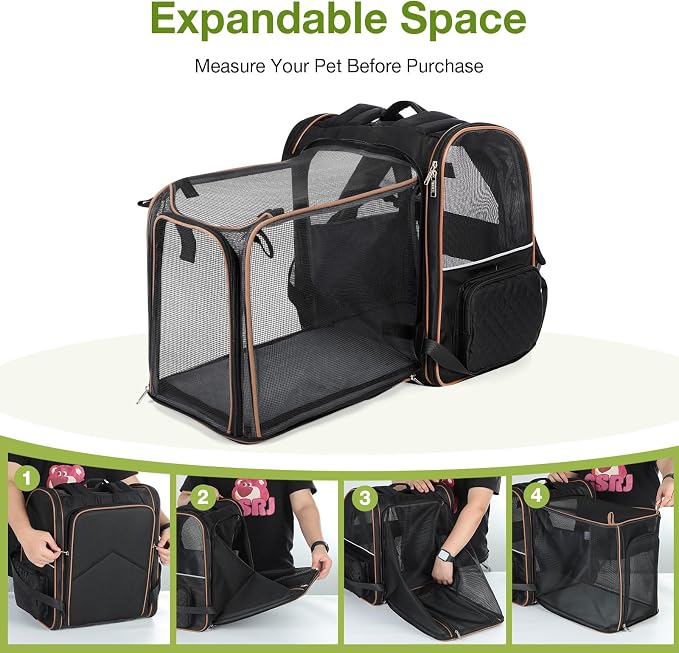 Large Cat Backpack Carrier Expandable Pet Carrier Backpack for Small Dogs Medium Cats Fit Up to 18 Lbs, Dog Backpack Carrier, Foldable Puppy Backpack Carrier for Travel, Black