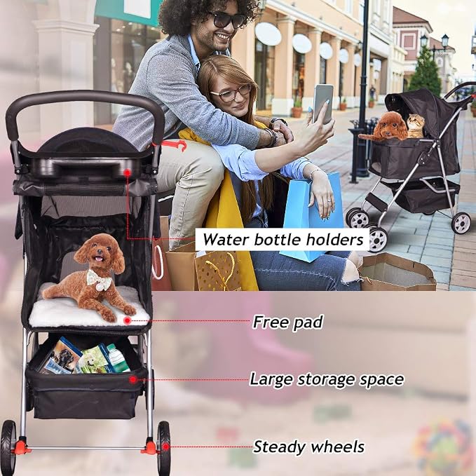 4 Wheel Pet Stroller Cat Dog Cage Stroller Travel Folding Carrier with Cup Holder and Removable Lining for Small and Medium Dogs, Cats (Black)