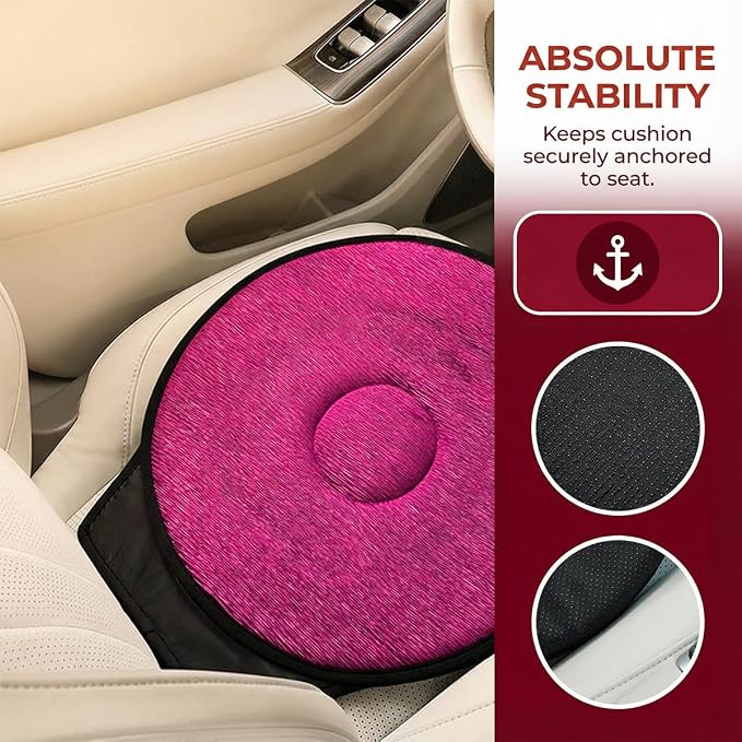 360 Degree Swivel Car Seat Cushion, Round Rotating Non Slip Vehicle Chair Pad for Elderly Support, Portable Removable Automotive Seat Assist Pad, Universal for Sedan RV Truck (Wine Red)