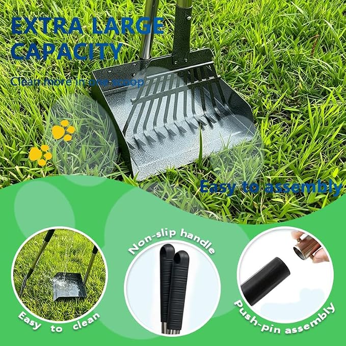 Pooper Scooper for Large Dogs, Dog Pooper Scooper Metal Tray and Rake。 | 9.4'' Large Tray and 8.26''Rake ,No Bending Clean Up,38" Long Handle Dog Poop Scooper for Grass, Gravel & Dirt.