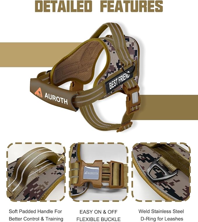 AUROTH Dog Harness for Large Dogs No Pull Tactical Harness and Leash Set | with Leash Clips, LED light clip, Breathable Mesh Padded No Choke, Easy Walking and Training, Desert Camo, Large