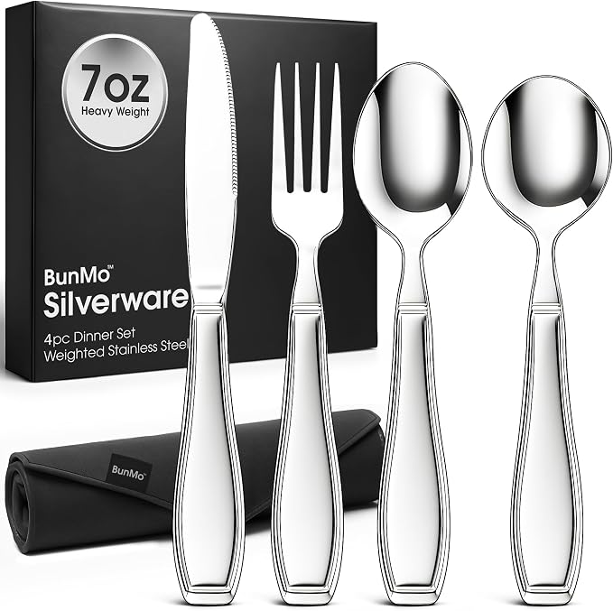 BUNMO Weighted Utensils for Hand Tremors - Elderly, Weak Hand Grip & Handicapped - Stainless Steel - Eat Independently