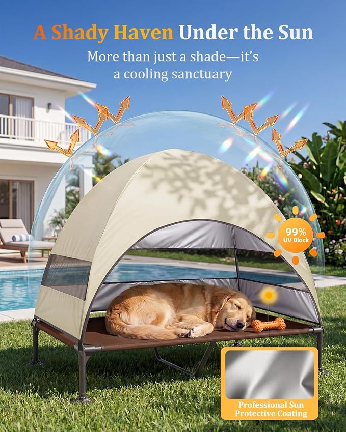 Elevated Outdoor Dog Bed with Canopy, Raised Dog Cot with Stable Adjustable Feet, Dog Camping Bed with Larger Shade, Lifted Dog Tent Bed with Canopy for Outside (Beige, X-Large)