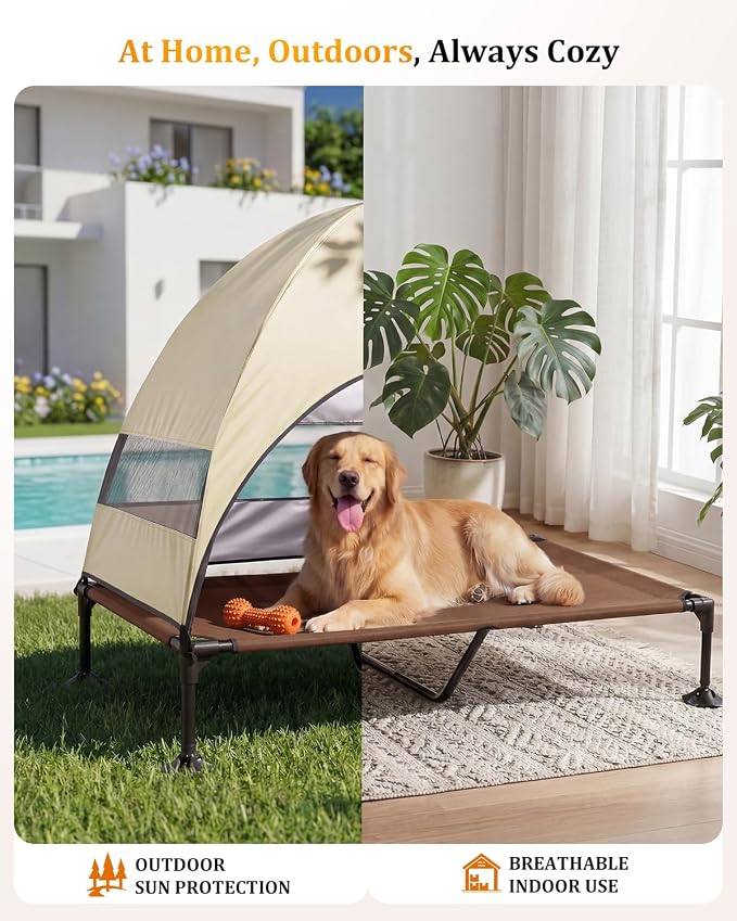Elevated Outdoor Dog Bed with Canopy, Raised Dog Cot with Stable Adjustable Feet, Dog Camping Bed with Larger Shade, Lifted Dog Tent Bed with Canopy for Outside (Beige, X-Large)