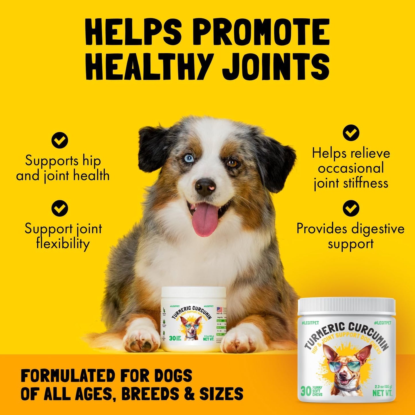 LEGITPET Turmeric Curcumin Hip & Joint Supplement for Dogs – Supports Mobility, Comfort & Overall Wellness – with Collagen & BioPerine – 30 Chews