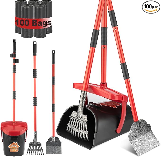 HUZSV Dog Pooper Scooper with Bag Attachment&Swivel Bin | Heavy Duty Metal Rake and Spade Set,Non-Breakable Poop Scoop for Large & Small Dogs ,100 Waste Bags for Grass, Dirt & Gravel