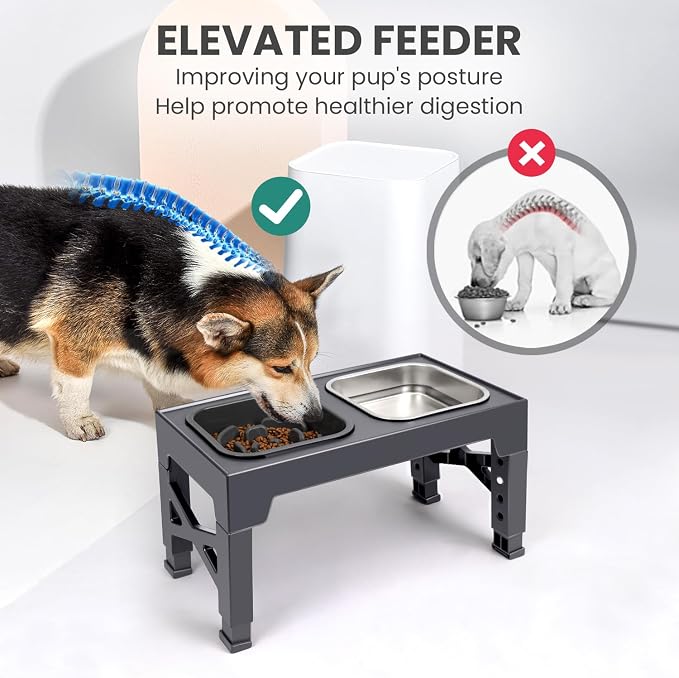 Elevated Dog Bowls, with Slow Feeder Bowl and Stainless Steel Dog Food Bowl, Raised Dog Bowls Adjusts to 5 Heights (3.15", 8.66", 9.84",11.02", 12.2") for Small Medium and Large Dogs