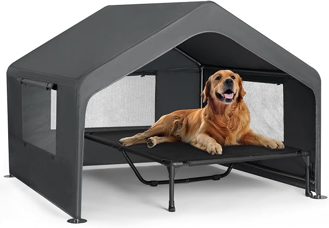 Veehoo Extra Large Dog House Outdoor Includes Elevated Dog Bed-Weatherproof | Waterproof Outside Dog Tent 4.1' x 4.1' x 3.3', Dog Shade Shelter and Raised Bed Combo for Pets or Stray Animals, Grey