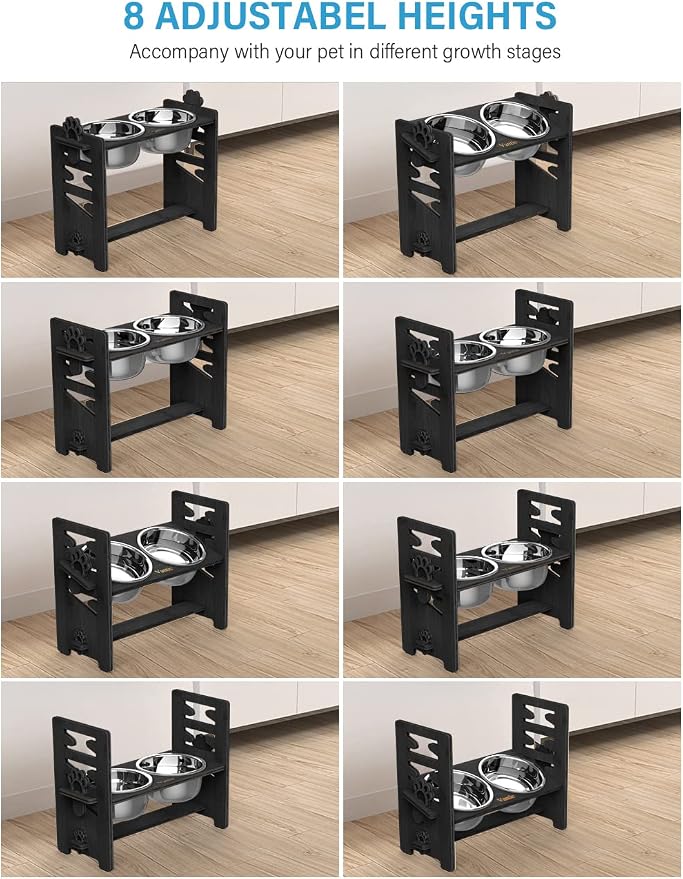 Elevated Dog Bowls, Raised Bowl Stand Adjustable Large/XLarge, Black | Bamboo Elevated Feeder with 2 Stainless Steel Bowls, Adjustable Height Stand for Large and Extra-Large Dogs