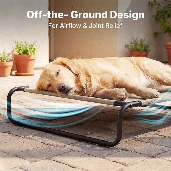 Veehoo Cooling Elevated Dog Bed, Outdoor Raised Dog Bed for Large Dogs | Dog Cot with Thickened Frame, Durable Teslin Mesh & Anti-Slip Rubber Feet, Pet Hammock for Indoor or Camping, 53", Beige