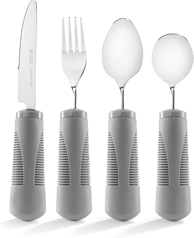 Special Supplies Adaptive Utensils (4-Piece Kitchen Set) Weighted, Non-Slip Handles for Hand Tremors, Arthritis, Parkinson’s Elderly use - Stainless Steel Knife, Fork, Spoons (Grey)