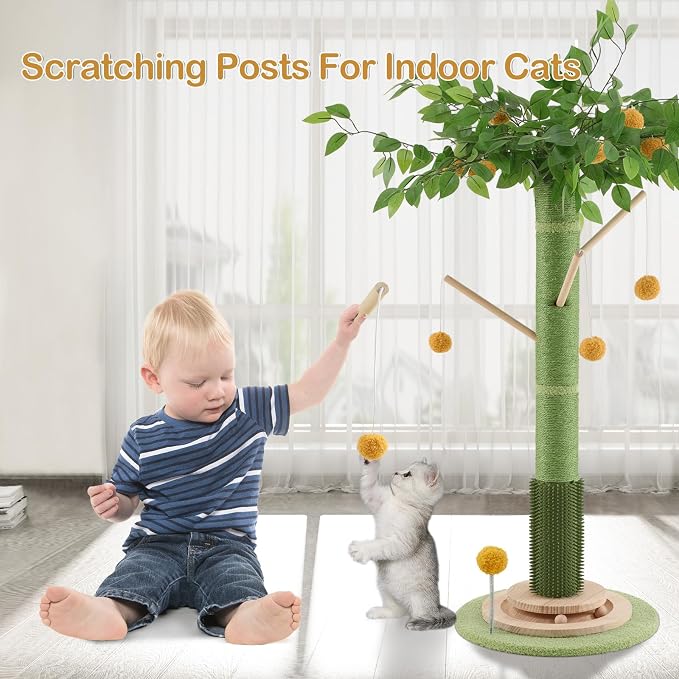 Cat Scratching Post, 46 Inch Tall Cat Scratcher Tree for Indoor Cats Adults with Natural Sisal Rope, Large Scratching Posts with Rubber Brush, 3-Layer Solid Wood Base and Balls Track Toy