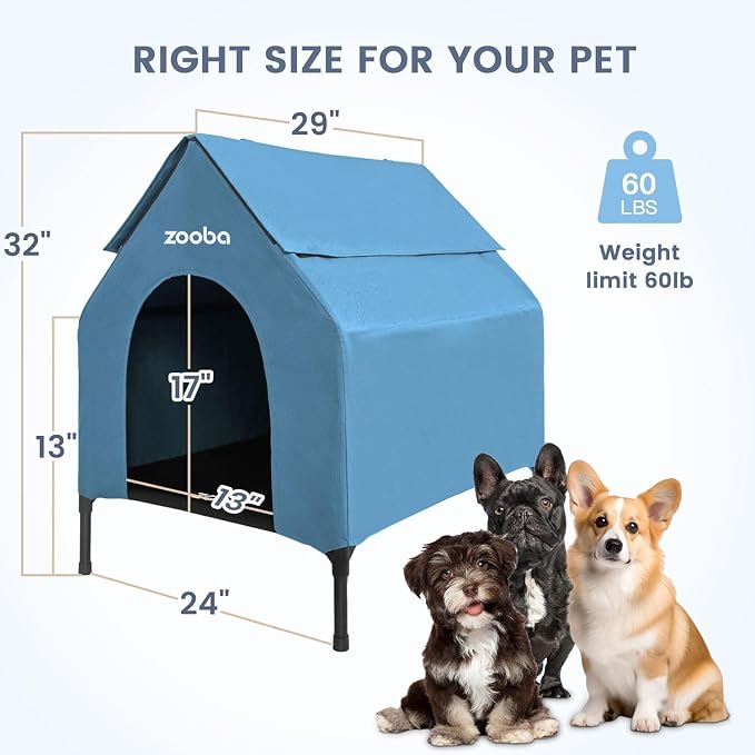 Zooba 29in Medium Dog House Outdoor, Elevated Dog Bed with Canopy, Blue | Weather-resistant 600D PVC canopy, breathable 2x1 Textilene elevated bed, steel frame; indoor or outdoor; easy to clean