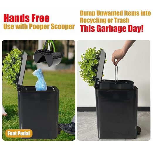 Yatmung Small Outdoor Trash Can for Dog Poop - Dog Waste Trash Can with Lid | Dog Poop Trash Can Outside with Pedal - Metal Trash Can with Plant Lid - 2.6 Gal Stainless Steel Garbage Bin - Black