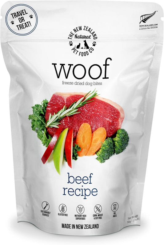 Woof Freeze Dried Dog Food - Beef Recipe, High Protein, Dog Food Topper & Dog Treats, All Life Stages, 1.76 oz