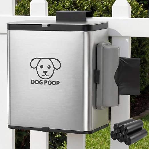 Dog Poop Trash Can Outside, 2.1 Gallon Dog Waste Container with Trash Bag Dispenser, Outdoor Pet Poop Bucket with Lid, Black Hanging Waste Container with Bags for Fence, Garbage, CounterTop