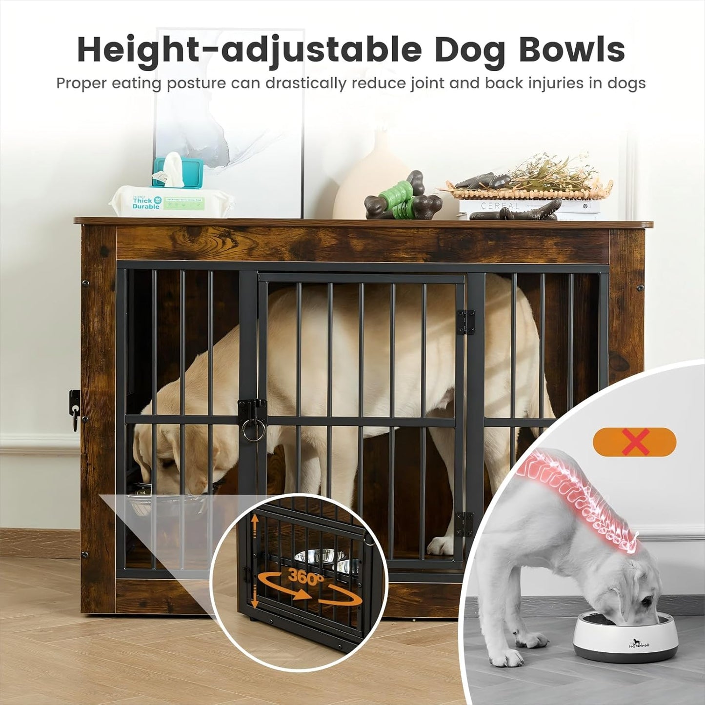 Gardner Pet Dog Crate Furniture for Medium Dogs, 32.7 Inch Dog Kennel Indoor, Wooden Dog Cage End Table with 2 Removable Bowls, Heavy Duty Dog Crate, Rustic Brown