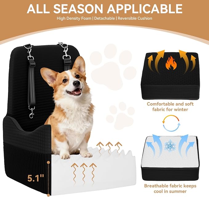PETSFIT Dog Car Seat with Patented Safety System, 5" Elevated Cushion | Fully Detachable Washable Cover, Memory Foam Dog Booster Car Seat for Small/Medium Dogs Up to 35 Lbs with Safety Belt