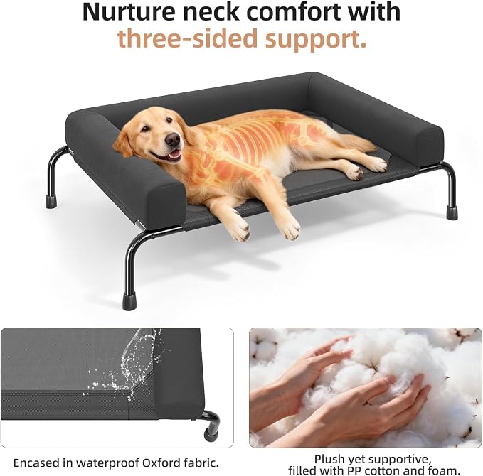 Ekisemio Elevated Dog Bed for Large Dogs, Cooling Raised Pet Cot with Breathable Mesh and Bolsters, Removable & Waterproof Outdoor Indoor Dog Bed, 47.75" x 31", Black