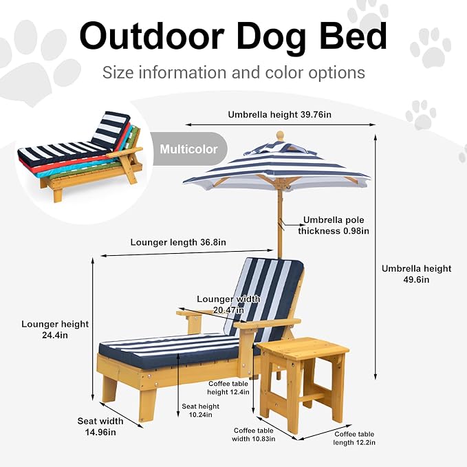 Elevated Dog Bed for S&M Dogs with Waterproof Canopy | Indoor/Outdoor Pet Chaise for Backyard, Pool, Beach | Removable Cushion & Shade Umbrella | Modern Patio Furniture for Pets