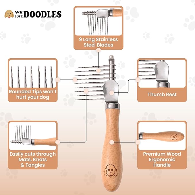 We Love Doodles Dog Dematting Brush & Rake, Dog Detangler Spray (Ocean Breeze) for Dogs, Bundle - Stainless Steel Blades - Made in the USA