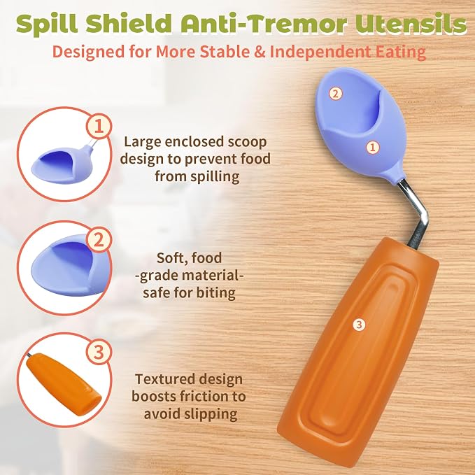 Anti-Tremor Spill Shield Spoon for Hand Tremors Parkinsons, Weighted Adaptive Utensils with Large Enclosed Scoop, Ergonomic Non-Slip Handle, Dishwasher Safe (Brown, Right Spoon)