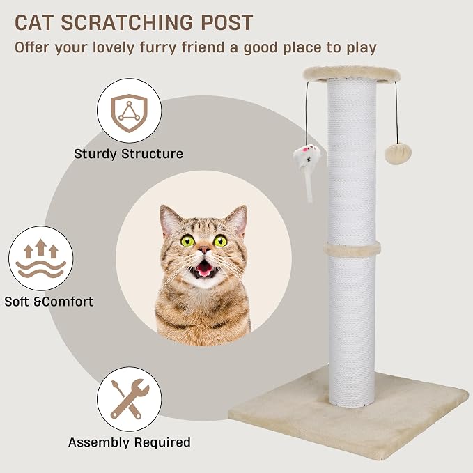 Cat Scratching Post 34 Inches Heavy Duty and Thicker Cat Scratching Post Cotton Rope with Hanging Ball and Mice Scratching Post for Indoor Cats and Adult(Beige)