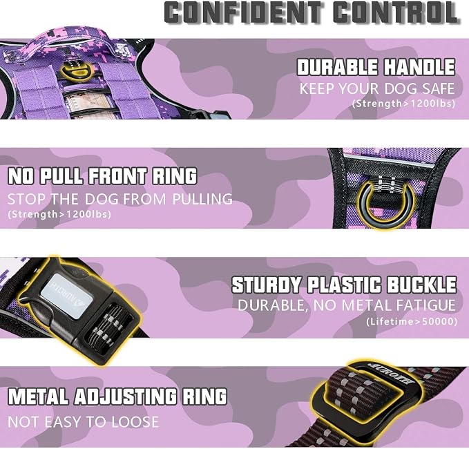 AUROTH Tactical Dog Harness for Large Dogs No Pull Adjustable Pet Harness Reflective Working Training Easy Control Pet Vest Military Service Dog Harnesses Purple Camo XXL