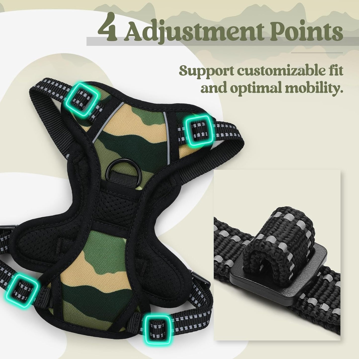 rabbitgoo Dog Harness No Pull with 2 Leash Clips, Adjustable Soft Padded, Reflective Oxford No Choke Pet Vest with Easy Control Handle for Large Dogs, Green Mountain,XS