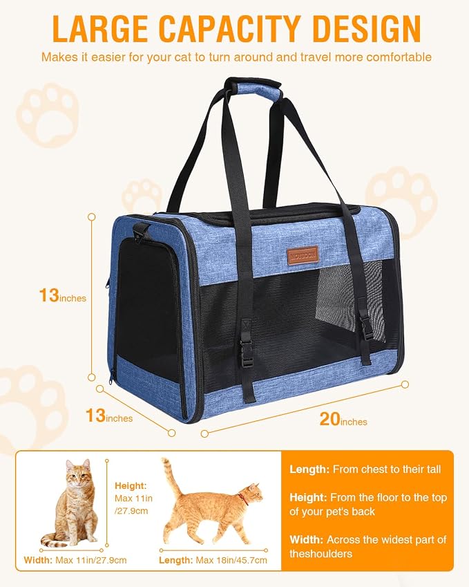 PETUX Large Pet Carrier for Large Cats up to 20 lb for Travel | Top & Side Entry, 4 Side Breathable, Foldable Soft Cat Travel Carrier with Safety Car Seat Buckle & Anti-Scratch Mesh, Blue