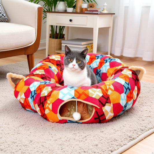 AUOON Cute Cat Donut Tunnel - Interactive Cat Tunnel Bed for Indoor Cats Kitten Kitty Puppy Rabbit Ferret (Orange)