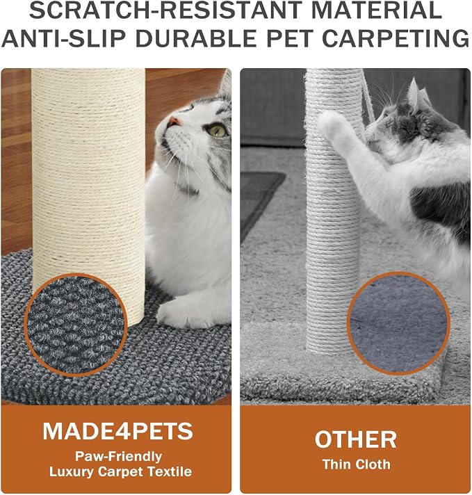 Made4Pets Tall Cat Scratching Post with Sisal & Carpet for Indoor Cats, 33" | Cat Scratcher with Wide Stable Base, Interactive Hanging Toys, Ideal for Adult Cats, Large Breeds and Full-Body Stretching
