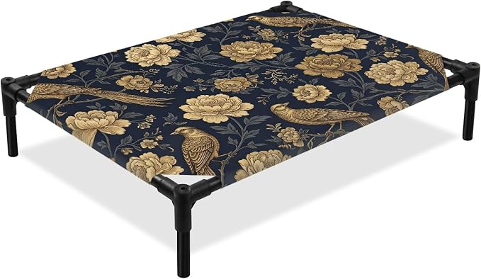 Outdoor Elevated Dog Bed for Medium Dogs, Vintage Flowers Breathable Cooling Raised Dog Cot for Indoor/Outdoor, Birds on Branch Floral Elegant Plants Waterproof Elevated Pet Beds, M 24 x 20 in