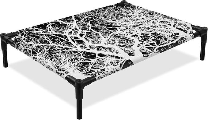 Outdoor Elevated Dog Bed for Large Dogs, Modern Tree Branches Breathable Cooling Raised Dog Cot for Indoor/Outdoor, Contemporary Black Botanical Waterproof Elevated Pet Beds, L 28 x 22 in