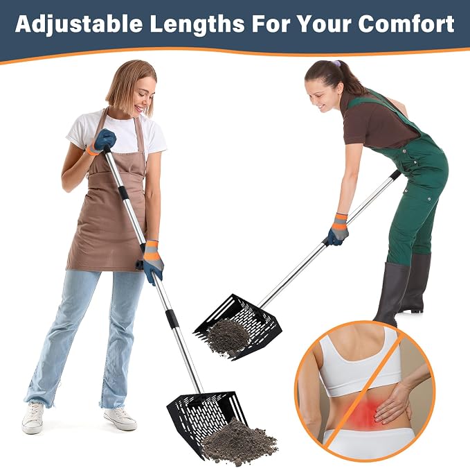 Linidcoud Chicken Poop Scooper, 10 Inch Metal Long Handle Chicken Coop Sand Pooper Scooper & Rake Adjustable Length, Durable Dog Pooper Scooper for Yard Farm Coop Accessories(Black)