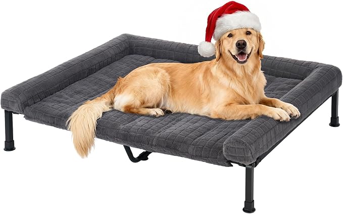 Veehoo Elevated Dog Bed with Fluffy Plush Bolster Cushion, Dog Couch Bed | Cooling Raised Dog Bed for Large Dogs, Washable Orthopedic Pet Cot with Removable Mat, Breathable Mesh, Non-Slip, 48", Grey