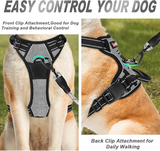 BARKBAY Dog Harness No Pull for Large Dogs Front Back Clips,Dog Vest | Soft Padded No Choke With Handle,Easy On&Off,Adjustable Reflective For Walking Training Running(Dark Grey,L)