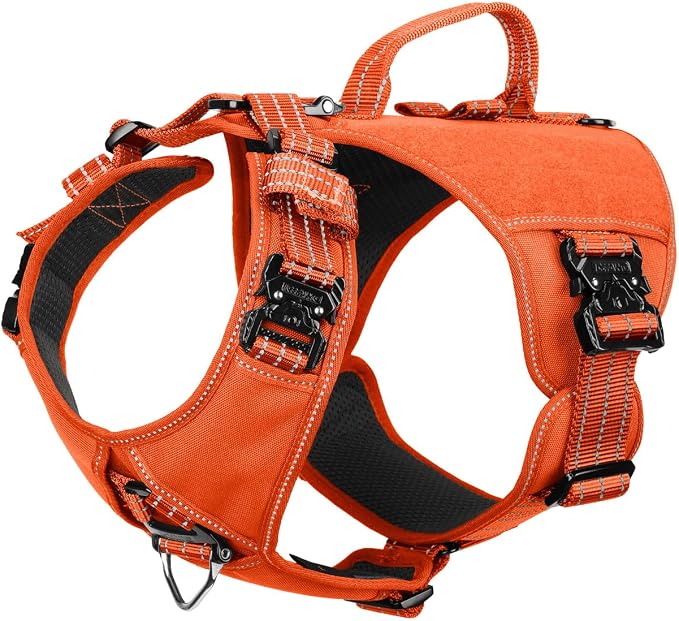 ICEFANG Quick-Moving Tactical Dog Harness for Large Dogs,No Pull Dog Vest | Control Handle,Reflective,Full Metal Buckles,Adjustable,Hook-and-Loop Panel,Soft Padded,Orange,Large