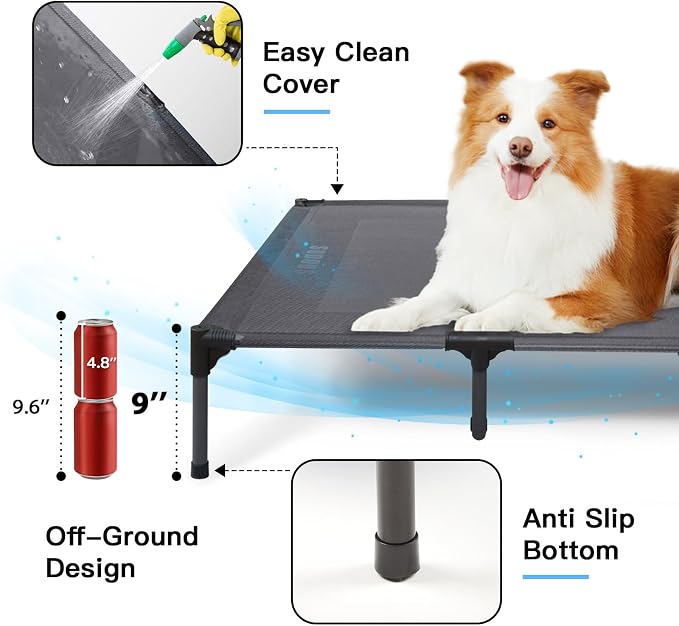 Elevated Dog Bed for Large Dogs 120lb, Breathable Cooling Raised Dog Cot with Dual Support Bars & Metal Frame, No-Slip Feet, Waterproof Pet Bed for Indoor/Outdoor, X-Large, 48 * 36 * 9in, Grey