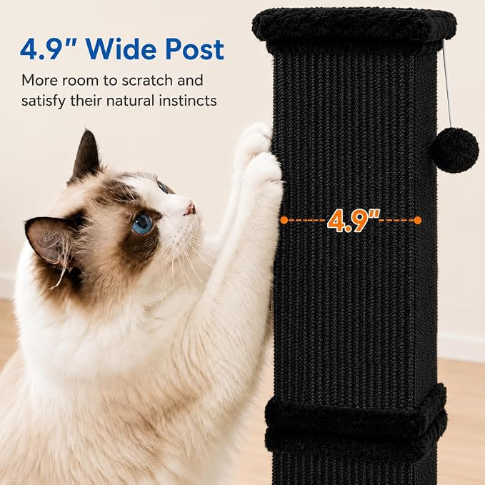Vertical Cat Scratching Post for Indoor Cats, Sisal Scratch Tower with Soft Plush Base & Ball, 32'' Tall Cat Scratcher Column for Kittens and Adult Cats, Furniture Protection, Full Black