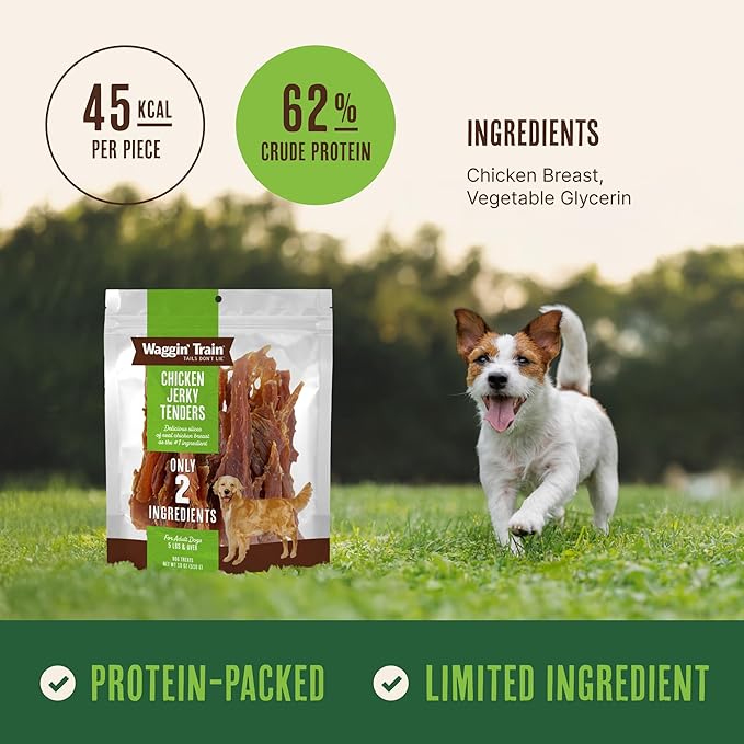Waggin' Train Chicken Jerky Dog Treats, Made with 100% Real Chicken Breasts, Only Two All-Natural Ingredients, Great High Protein Dog Treat, Easily Digestible for Big or Small Dogs, 18 oz. Pouch